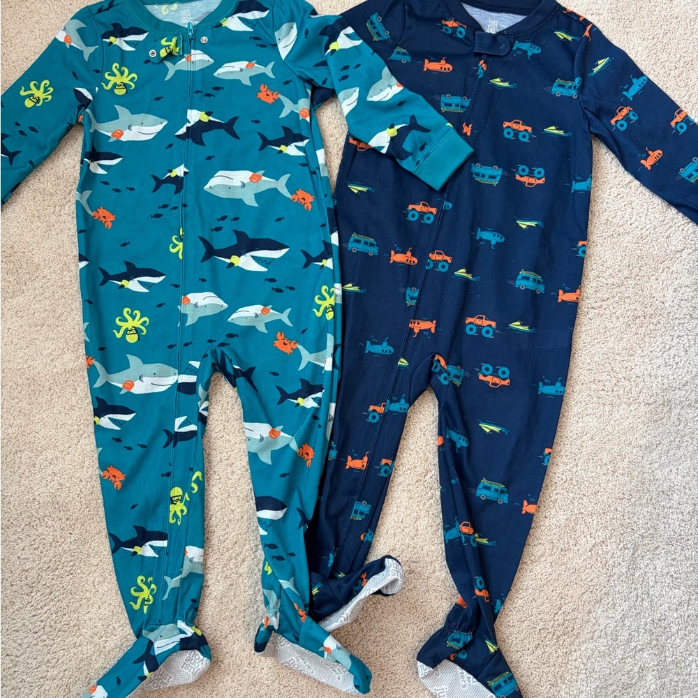 Carter's 3T Teal & Navy Footed One-Piece Pajamas with Ocean and Vehicle Prints
